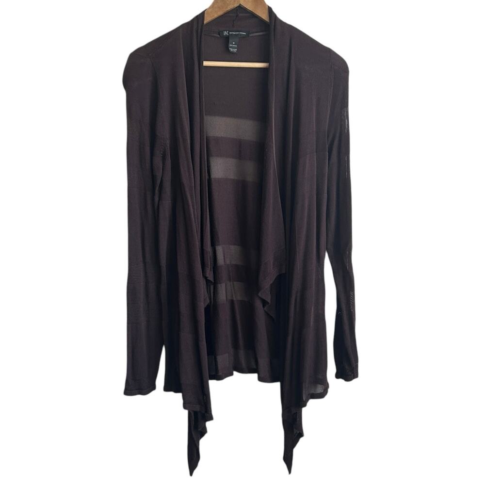 INC Women Drape Cardigan M Brown Open Front Sheer Mesh Panels Whimsigoth Boho‎